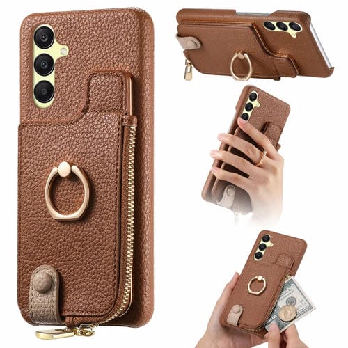 Funda para Samsung Galaxy A25 Litchi Leather Oil Edge Ring Zipper Wallet Back (Marrón)