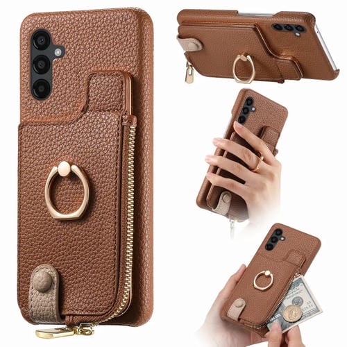 Funda para Samsung Galaxy A24 Litchi Leather Oil Edge Ring Zipper Wallet Back (Marrón)
