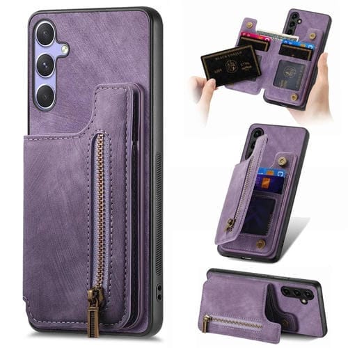 Funda Cuero Retro Samsung Galaxy S25+ 5G Cremallera Billetera (Morado)