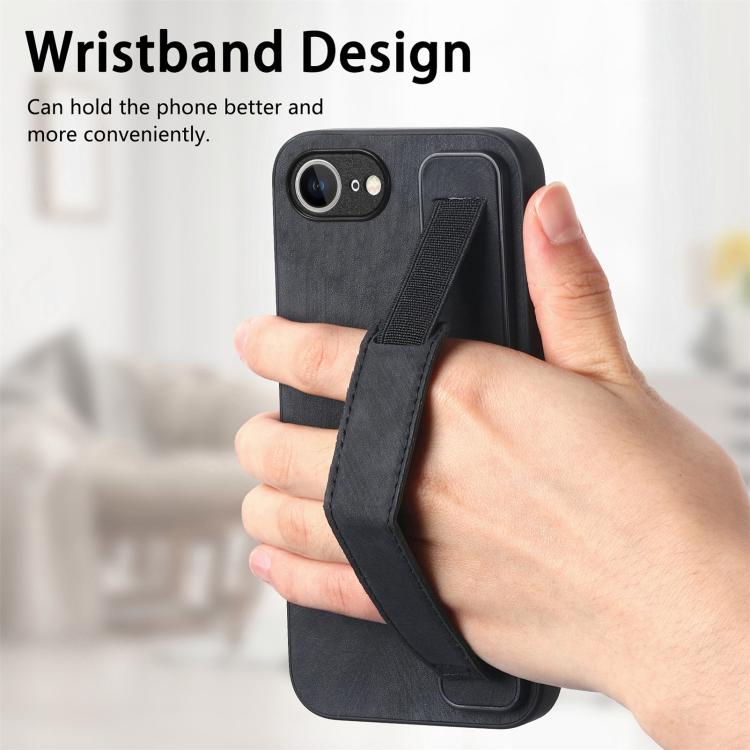 Funda de Cuero para iPhone 16E con Parte Trasera y Soporte para Pulsera (Negro)