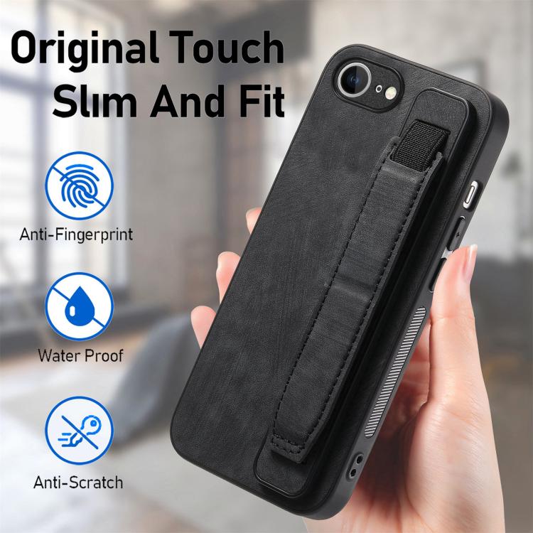 Funda de Cuero para iPhone 16E con Parte Trasera y Soporte para Pulsera (Negro)