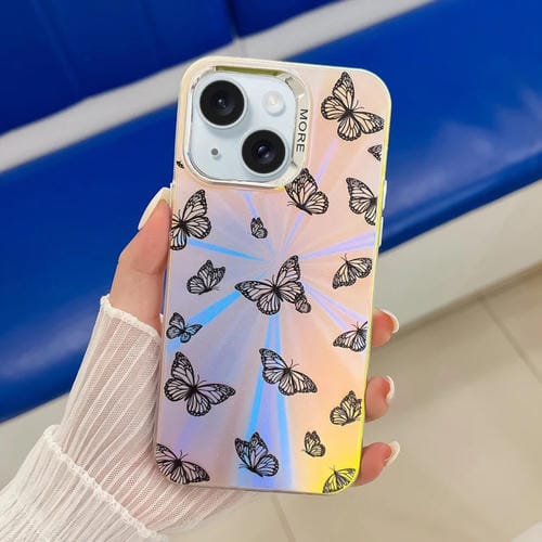 Estuche para Teléfono iPhone 15 Mariposa Láser Galvanizada (Mariposas Negras) - MOVILSTORE