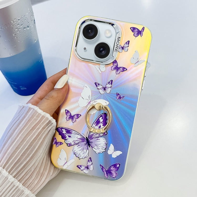 Estuche para Teléfono iPhone 15 con Soporte para Anillo Mariposa Láser Galvanoplastia (Moradas Blancas Ab6) - MOVILSTORE