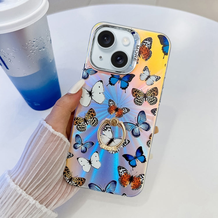Estuche para Teléfono con Soporte Anillo Mariposa Galvanoplastia Láser para iPhone 15 (Mariposas de Colores) - MOVILSTORE
