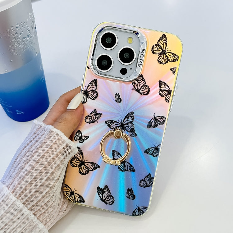 Estuche para Teléfono con Soporte Anillo Mariposa Galvanoplastia Láser para iPhone 15 (Mariposas de Colores) - MOVILSTORE