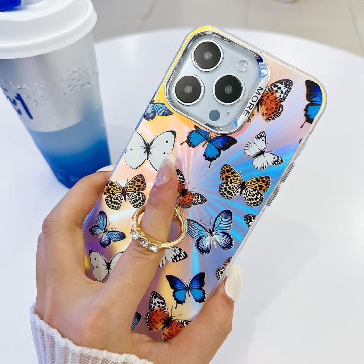 Estuche para teléfono iPhone 15 con soporte para anillo mariposa láser con galvanoplastia (Mariposas Rosadas Ab2) - MOVILSTORE