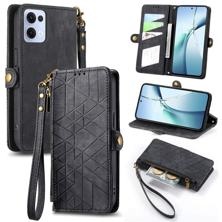 Funda de Cuero con Hebilla Lateral y Cremallera Geométrica para Oppo Reno13 (Negra)