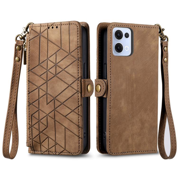 Funda de Cuero con Hebilla Lateral y Cremallera Geométrica para Oppo Reno13 Pro (Marrón)