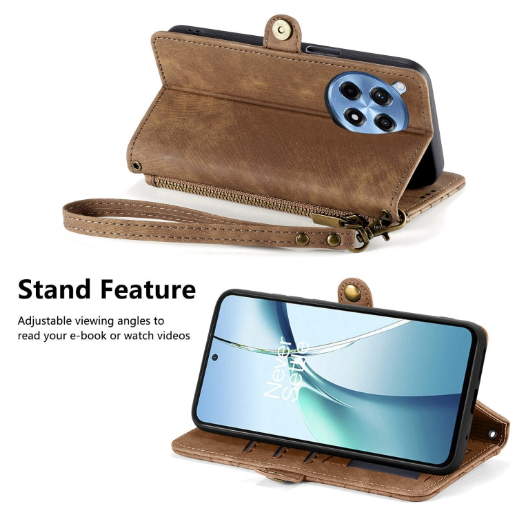 Funda de Cuero para OnePlus Ace 3 Pro con Hebilla Lateral y Cierre Geométrico (Marrón)