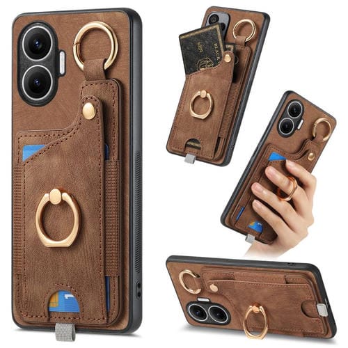 Funda para Redmi Turbo 4 Pro con diseño retro de piel sintética, con anillo y asa para colgar (marrón)