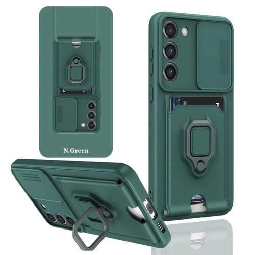 Funda de silicona con soporte magnético para tarjetas y cierre deslizante para Samsung Galaxy A36 5G (verde noche oscuro)
