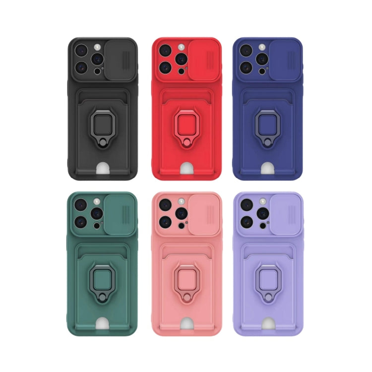 Funda de Silicona para iPhone 16 Plus con Soporte para Tarjetas Magnético Deslizante Camshield (Verde Noche Oscuro)