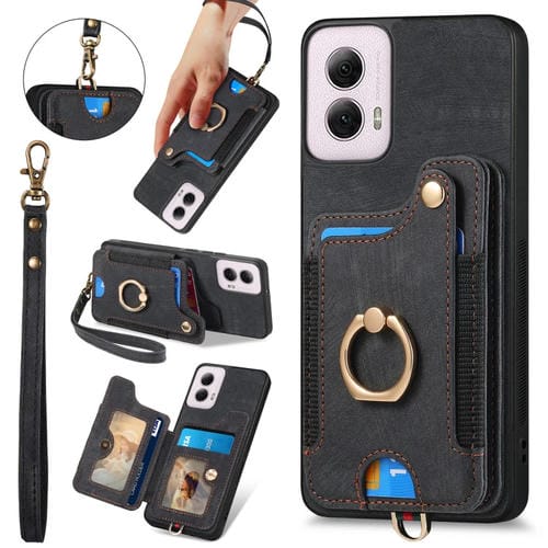 Funda para Motorola G Power 5G 2024 con Billetera RFID y Anillo Retro (Negro)