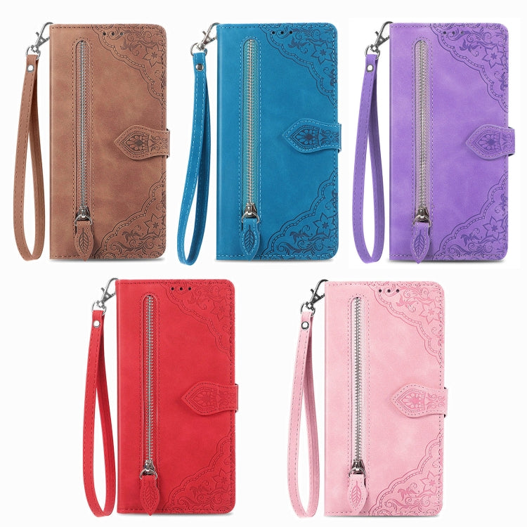 Funda de Cuero For Nothing 2A Plus con Cremallera y Flores en Relieve (Rojo)