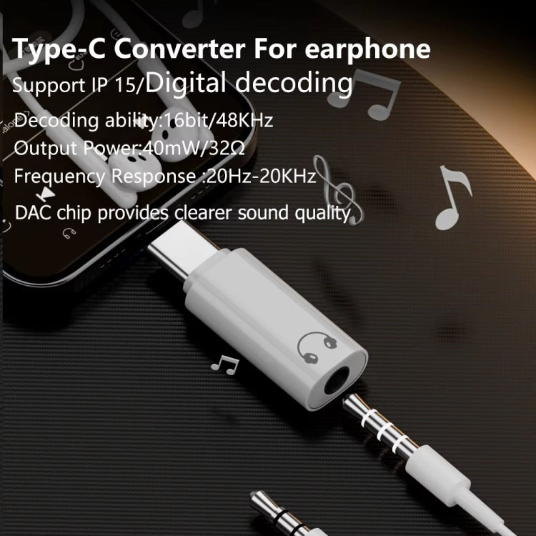 Adaptador de Auriculares Tipo C a 3,5 mm para iPhone 15 Decodificación Audio DAC (Blanco)