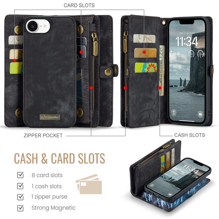 Funda de Cuero Caseme 008 para iPhone 16E Desmontable y Multifuncional (Negra)