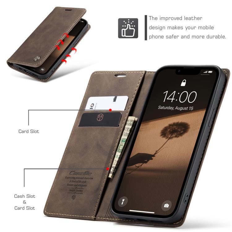 Funda de Cuero Caseme 013 con Tapa Horizontal Multifuncional para iPhone 16E (Café)