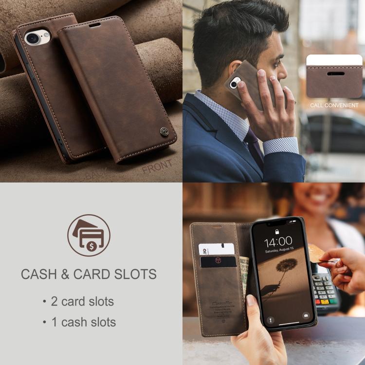 Funda de Cuero Caseme 013 con Tapa Horizontal Multifuncional para iPhone 16E (Café)