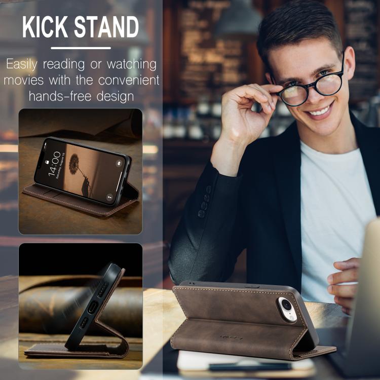 Funda de Cuero Caseme 013 con Tapa Horizontal Multifuncional para iPhone 16E (Café)