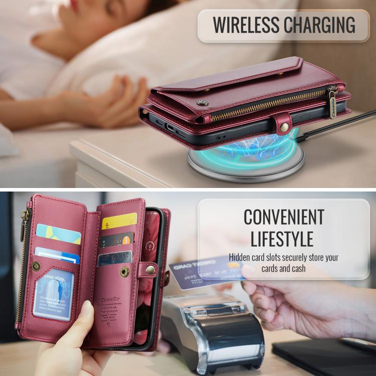 Funda para iPhone 16E Caseme C36 Cuero Antirrobo con Ranuras para Tarjetas y Cremallera (Rojo)