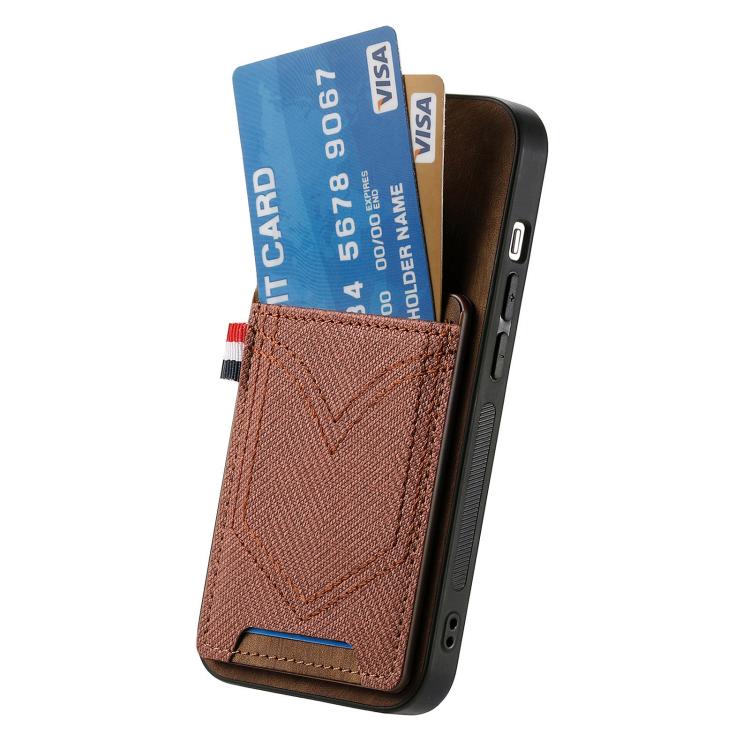 Funda de Piel con Textura Vaquera para iPhone 16E con Ranura para Tarjetas (Marrón)