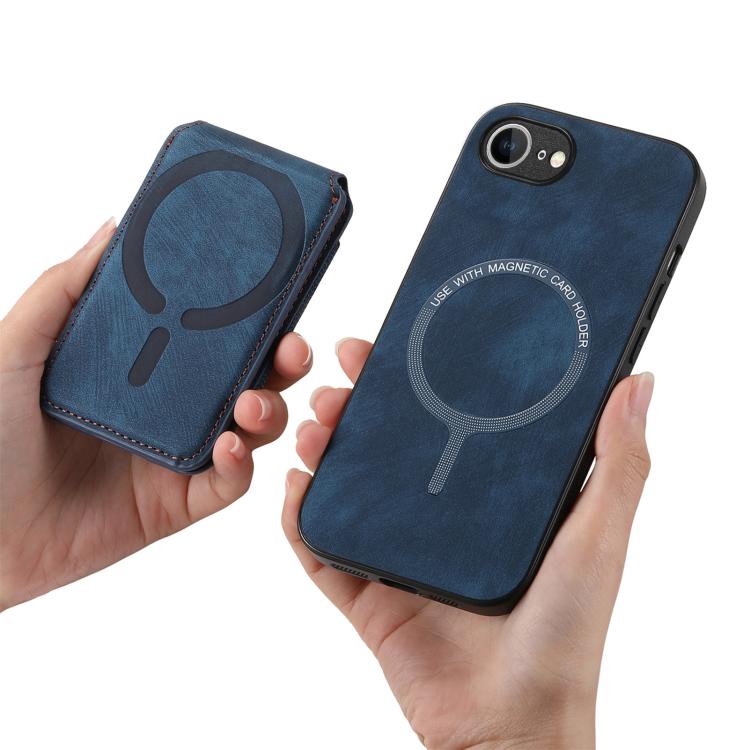 Funda de Cuero para iPhone 16E con Soporte Magnético Divisible y Estilo Retro (Azul)