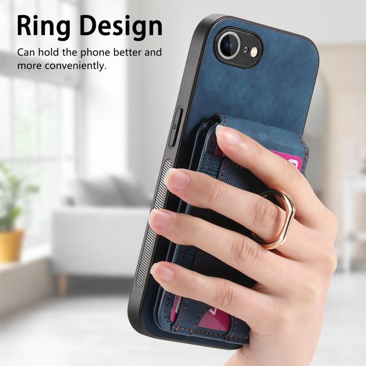 Funda de Cuero para iPhone 16E con Soporte Magnético Divisible y Estilo Retro (Azul)