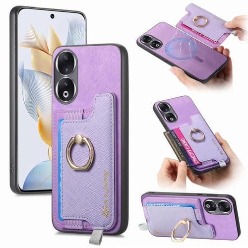 Funda para Teléfono Honor 90 Pro 5G con Tarjetero y Anillo de Cuero Retro Magsafe (Morado)