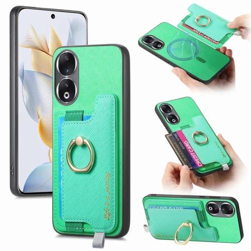 Funda para Teléfono Honor 90 con Tarjetero y Anillo de Cuero Magsafe Cross (Verde)