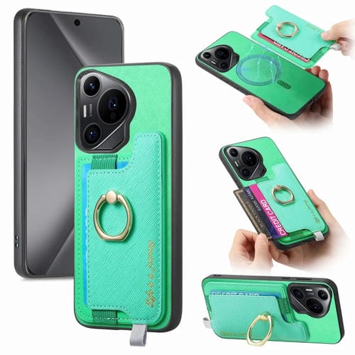 Funda para Teléfono Huawei Pura 70 Pro con Tarjetero y Anillo Cuero Retro Magsafe (Verde)