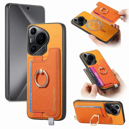 Funda para Teléfono Huawei Pura 70 Pro+ con Tarjetero y Anillo Cuero Diseño Retro (Amarillo)