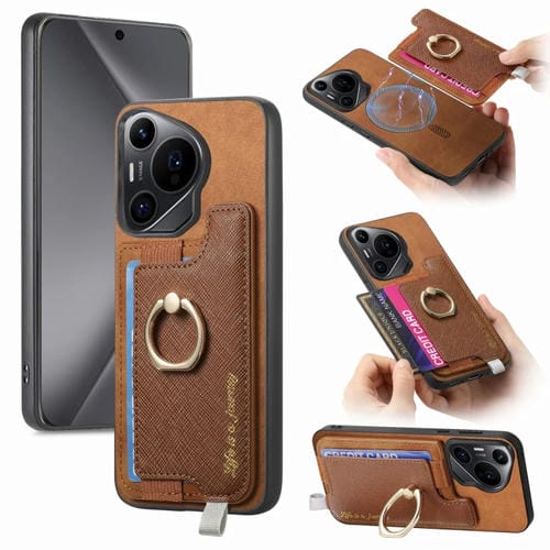 Funda para Teléfono Huawei Pura 70 Pro+ con Tarjetero y Anillo de Cuero Retro (Marrón)