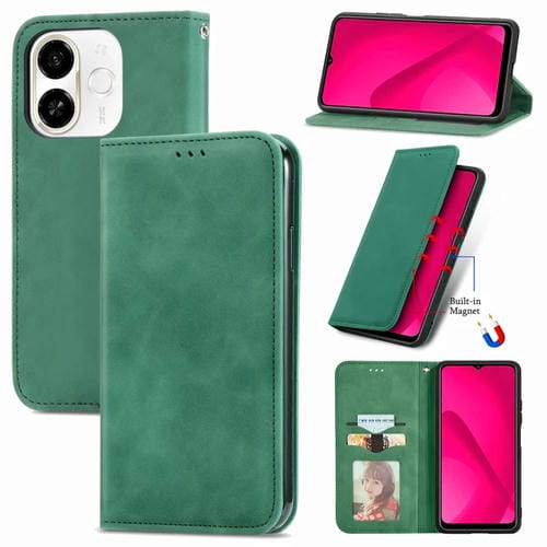 Funda de Cuero Magnética para Tecno Spark 30C 5G con Tacto Retro (Verde)