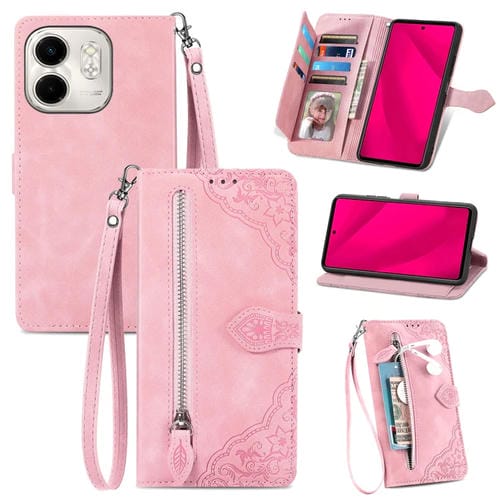 Funda de Cuero con Cremallera y Flores en Relieve para Infinix Smart 9 (Rosa)