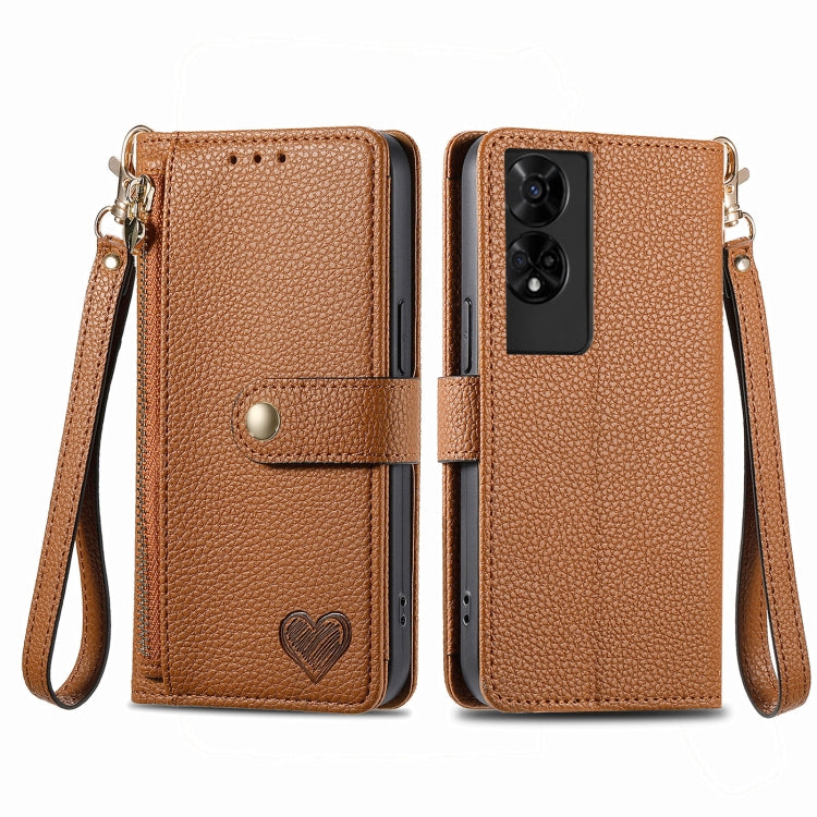 Funda de Cuero con Cordón y Cremallera Love para TCL 50 5G (Marrón)