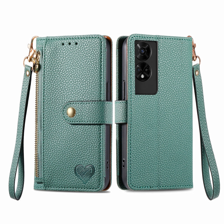 Funda de Cuero con Cordón y Cremallera Love para Teléfono TCL 50 5G (Verde)