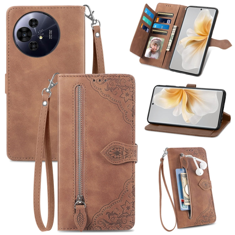 Funda de Cuero con Cremallera Nxtpaper para TCL 50 Pro (Marrón) con Diseño de Flores en Relieve