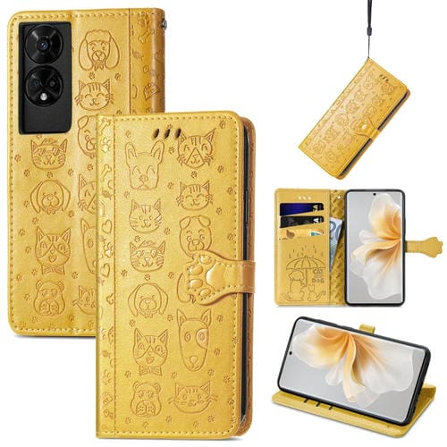 Funda de Piel con Relieve Gato y Perro para TCL 50 5G (Amarilla)