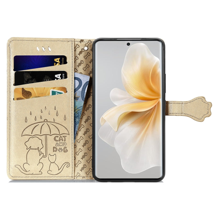 Funda de Cuero Nxtpaper con Relieve Gato y Perro para TCL 50 Pro (Dorada)