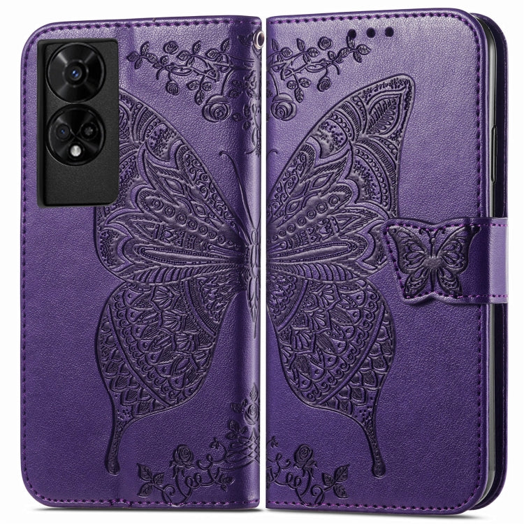 Funda de Cuero con Relieve de Mariposa y Flor para TCL 50 5G (Morado)