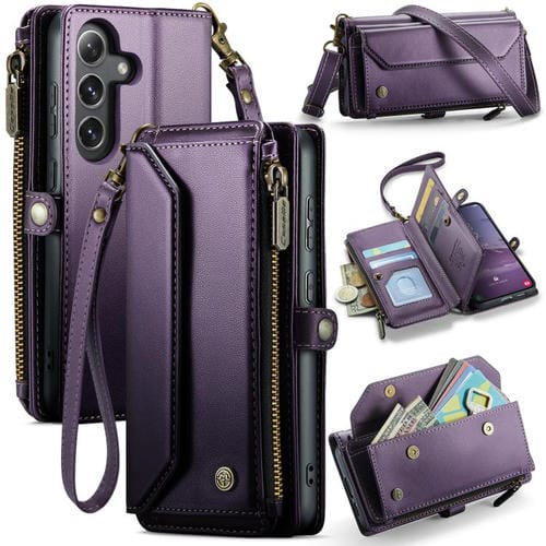 Funda de Cuero Antirrobo para Samsung Galaxy S25 5G Caseme C36 con Ranuras para Tarjetas y Cremallera (Morado)