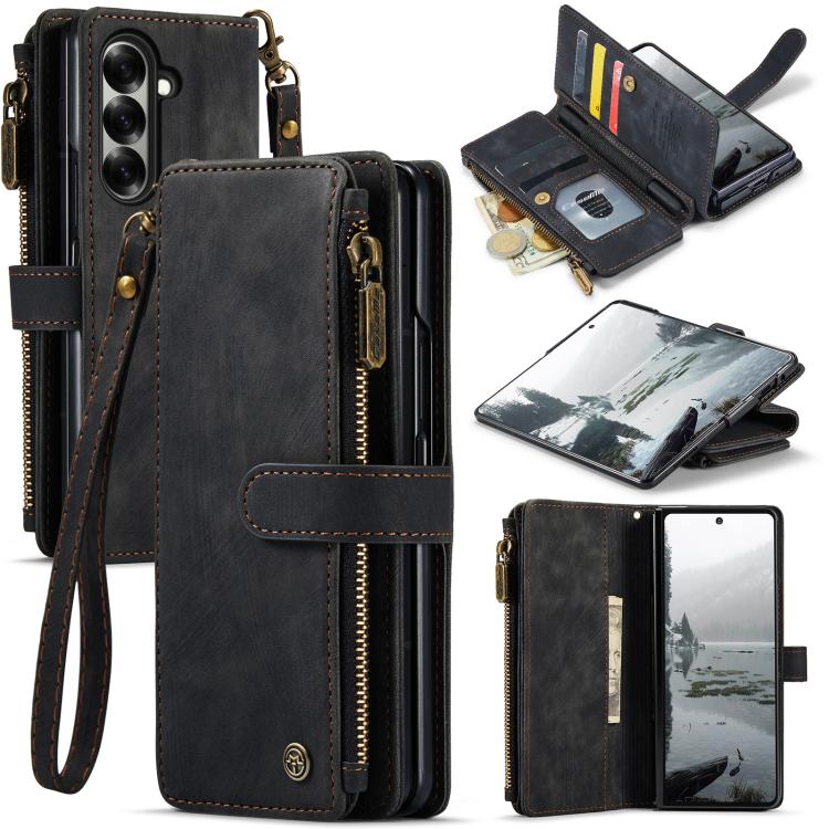 Funda de cuero con cremallera y ranuras para tarjetas para Samsung Galaxy Z Fold7 CaseMe C30 (negro)