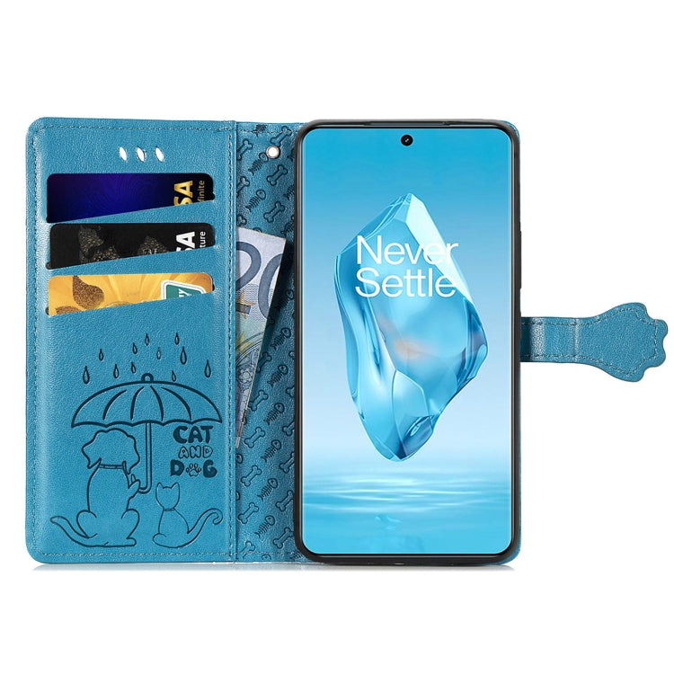 Funda de Piel con Relieve Gato y Perro para OnePlus Ace 3 Pro (Azul)
