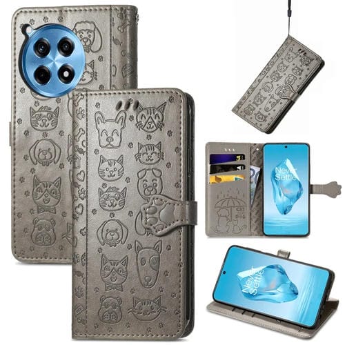Funda de Piel con Relieve de Gato y Perro para OnePlus Ace 3 Pro (Gris)