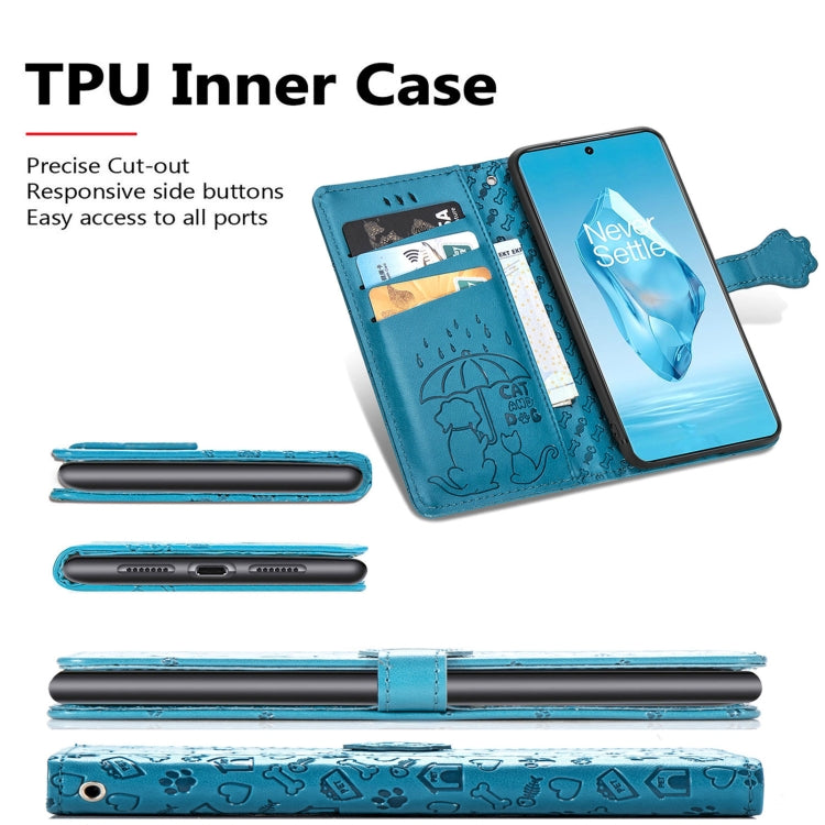 Funda de Piel con Relieve Gato y Perro para OnePlus Ace 3 Pro (Azul)