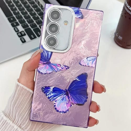 Funda para Teléfono Samsung Galaxy A25 5G TPU Textura Enchapada y Película de Lente (Mariposas Moradas)