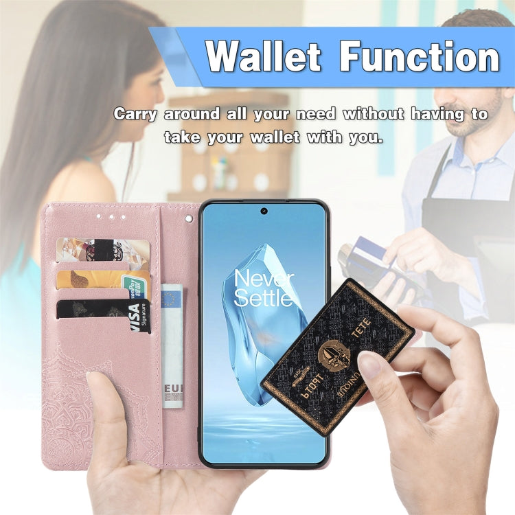 Funda de Cuero para OnePlus Ace 3 Pro con Relieve de Flor de Mandala (Oro Rosa)