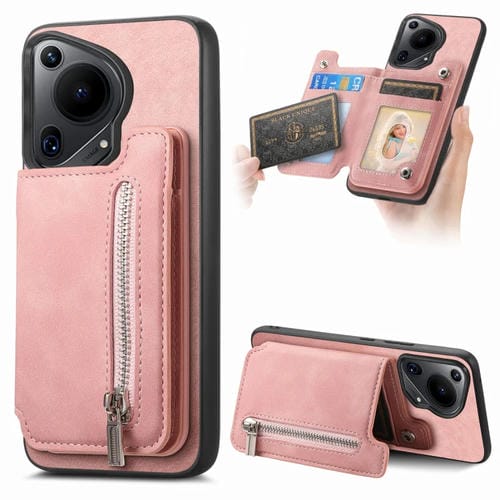 Funda para Teléfono Huawei Pura 70 Ultra Retro con Cremallera Magsafe y Tarjetero (Rosa)