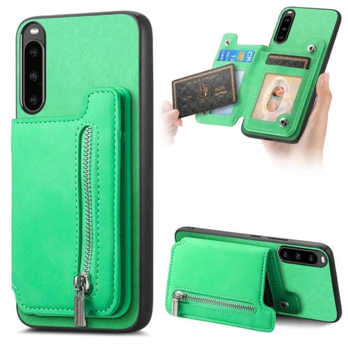 Funda para Teléfono Sony Xperia 10 V con Cremallera Retro Magsafe y Tarjetero (Verde)