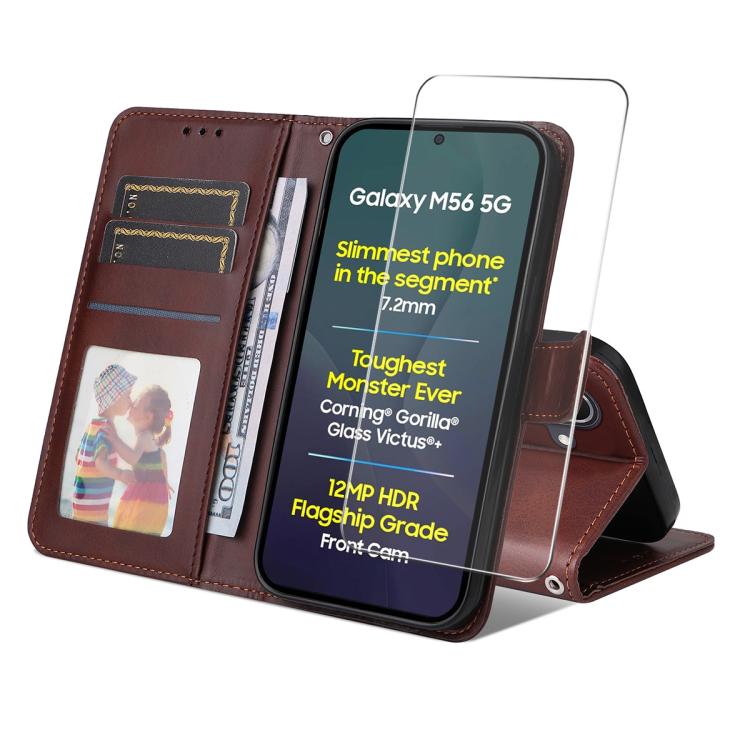ENKAY - Funda de piel de becerro con textura de becerro y protector de pantalla para Samsung Galaxy M56 (marrón)